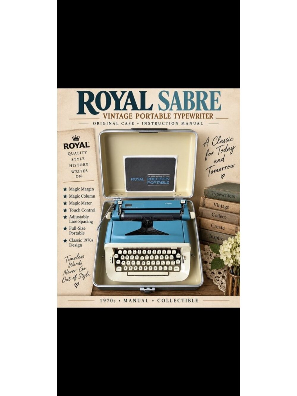 Vintage Royal Sabre Manual Typewriter – Blue W Case 1970’s New Prop Movie Rate